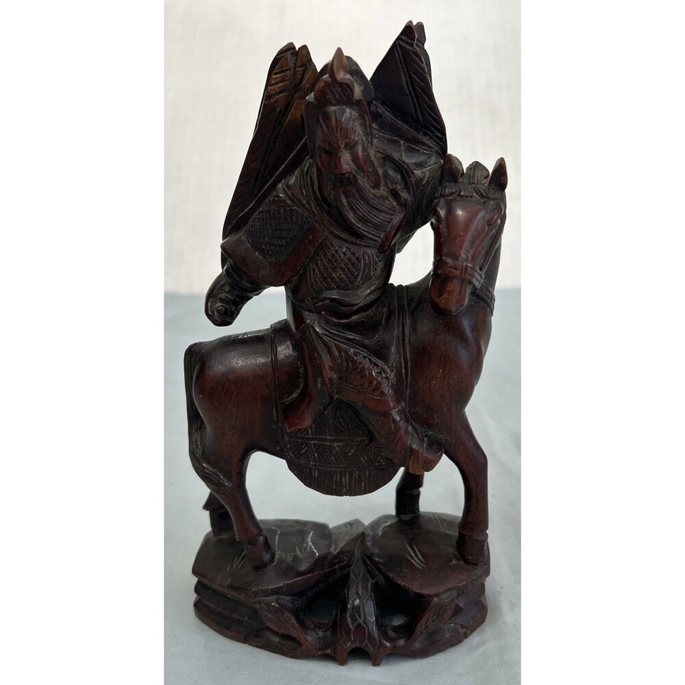 Vintage Chinese Hand Carved Wood Guan Yu Warrior God Statue On Horse 7”